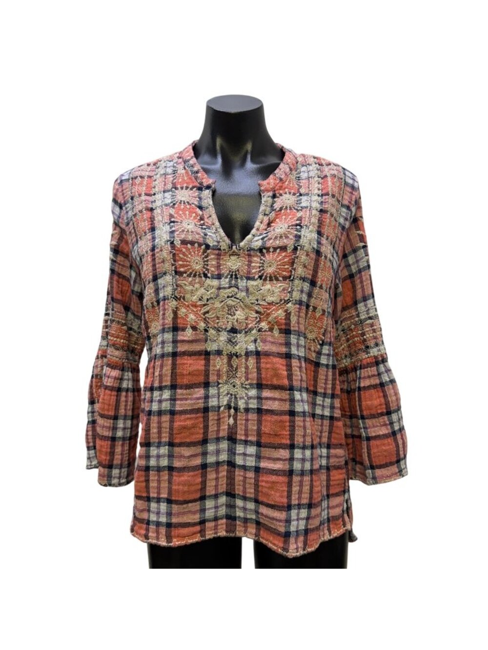 Johnny Was Workshop Coral & Cream Plaid Embroidered Blouse S